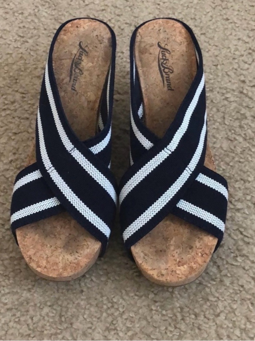 Lucky Brand Navy & White Striped Cork Wedge Sandals size 8